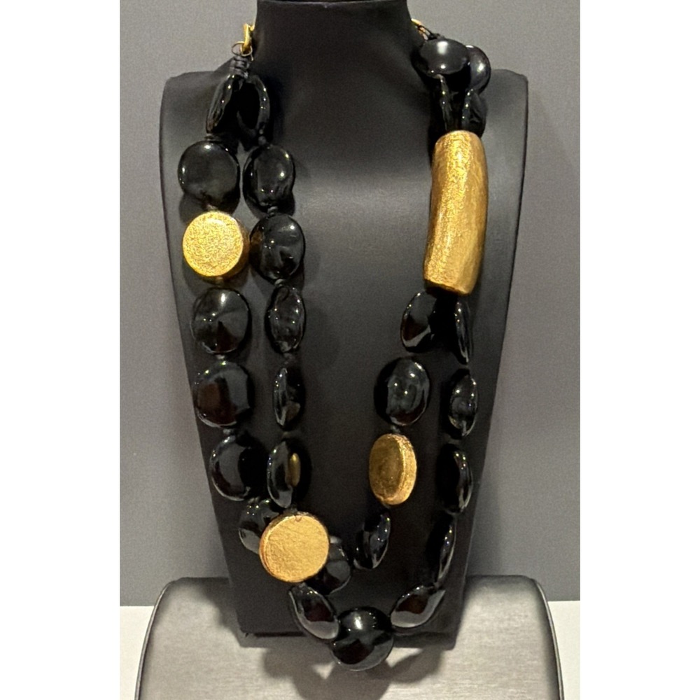 Black Acrylic Gold Foil Lucite Multi Strand Chunky Beaded Statement Necklace